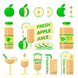 绿色苹果水果和切片。新鲜的苹果汁在瓶子和玻璃适合健康的生活。平面设计矢量元素
