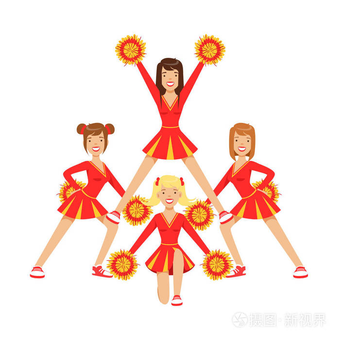 啦啦队女孩手持彩色绒球跳舞在竞争过程中支持的足球队.