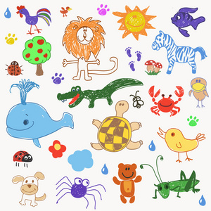 儿童绘画涂鸦动物树.矢量图照片