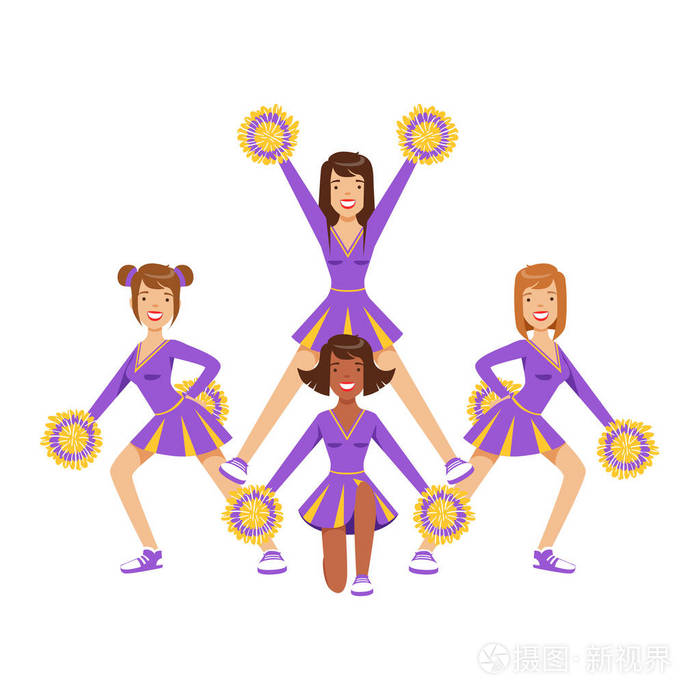 插画 啦啦队女孩手持七彩彩色绒球跳舞来支持球队在比赛中.