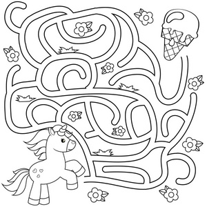 帮助独角兽找到冰淇淋的路径。迷宫。孩子们的迷宫游戏。着色书的黑白矢量插图