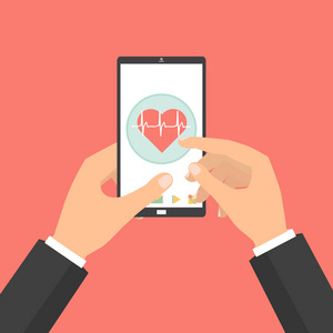 业务人双手指向远程医疗技术在红色背景上的健康检查概念的智能手机平板电脑屏幕