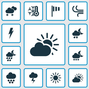 天气图标设置部分多云, 下雪, 晴天和其他旗帜元素。孤立的例证天气图标
