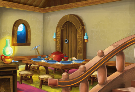 与中世纪厨房房间-内部为不同的用法-孩子的例证不同国家组, 塔, 城堡