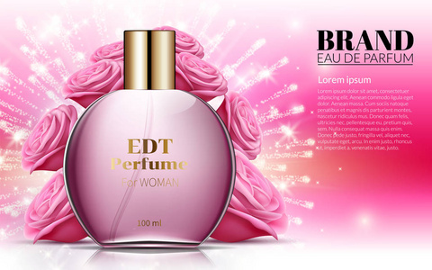 香水玫瑰瓶上柔软的粉红色背景花。优秀的化妆品广告柔和。化妆品包装设计销售或促销新产品。3d 矢量图示