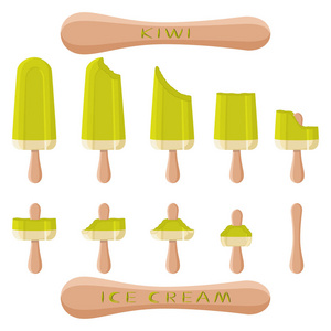 矢量插画标志为天然猕猴桃冰淇淋在棍子。冰淇淋模式包括甜冷冰淇淋, 设置可口的冷冻甜点。猕猴桃鲜果各式各样棒