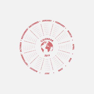 2019日历模板. 循环日历模板。日历2019集12月. 从星期日开始. 年度日历矢量设计文具模板。矢量插图