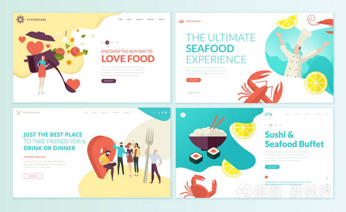 一套网页设计模板, 为餐厅, 海鲜, 寿司, 食品和饮料。网站和移动网站开发的矢量插图概念