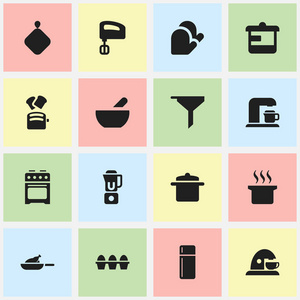 16 可编辑食物图标集。包括符号如汤，鸡蛋纸箱手搅拌机。可用于 Web 移动 Ui 和数据图表设计