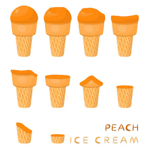 天然桃冰淇淋在华夫饼锥上的矢量图解。冰淇淋模式包括甜冷冰淇淋, 美味的冷冻甜点。桃在晶圆锥中的鲜果各式各样
