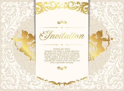 复古的邀请或婚礼卡与绫背景和优雅的花香元素和两个丘比特剪影