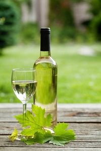 白葡萄酒瓶和玻璃在木桌上。户外静物。文本的空间
