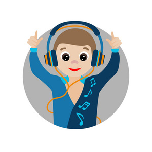 音乐明信片一个戴着耳机的男孩听音乐和跳舞.