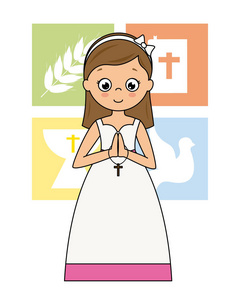 我的第一张圣餐卡。祈祷的女孩与宗教偶像背后