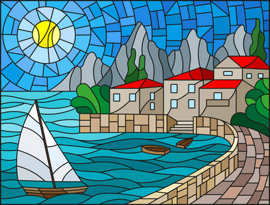 插图在彩色玻璃绘画风格与背景上的一艘帆船的城市，海和天天空太阳湾
