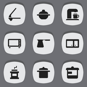 9 可编辑餐图标集。包括符号咖啡壶 餐具 炊具等。可用于 Web 移动 Ui 和数据图表设计