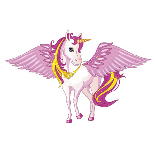 孩子魔法粉红色的独角兽, 有翅膀的白色背景.孩子的例证.魔法.