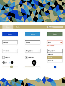 浅蓝色, 绿色矢量 web ui 套件的多边形风格。在其页眉中具有彩色多边形背景的 Ui Ux 套件。此模板可用于网站