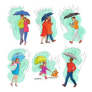矢量素描人字走下雨伞集。年轻的老年夫妇抱着小女孩一起跑, 小狗的女人挥舞着手, 白种人智能手机, 非洲人一笑