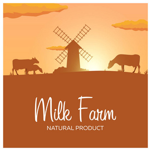 牛奶农场天然产品。与工厂和奶牛的农村景观。在村子里的黎明