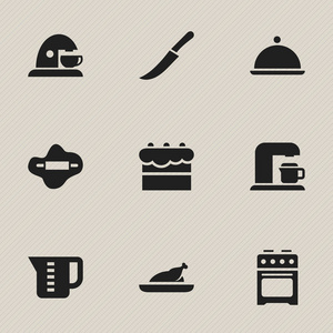 9 可编辑餐图标集。包括符号，如炉 饮料制造商 托盘和更多。可用于 Web 移动 Ui 和数据图表设计