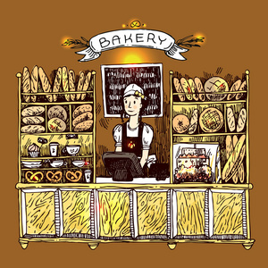 手绘矢量素描内部的面包店照片