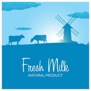 新鲜的牛奶天然产品。与工厂和奶牛的农村景观。在村子里的黎明