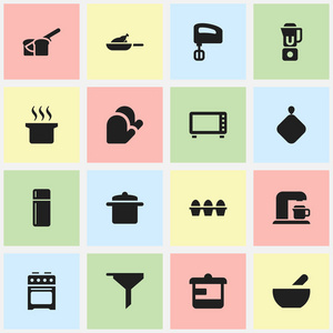 16 可编辑厨师图标集。包括符号手搅拌机 烤架 烤箱等。可用于 Web 移动 Ui 和数据图表设计
