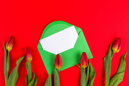 美丽的郁金香花束和绿色信封用红色背景上卡