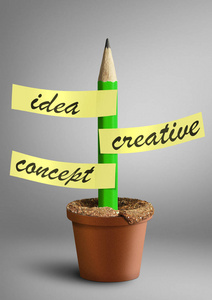 想法的创意贴纸作为植物在罐子里的铅笔