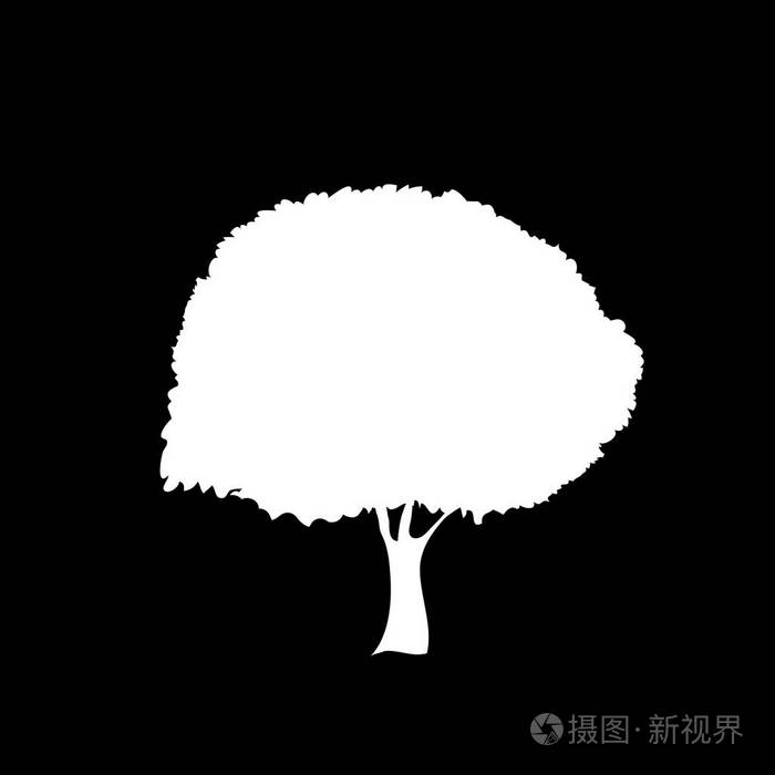插画 在黑色背景上隔离的叶片树图标的白色剪影.