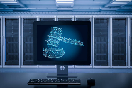 3d 渲染计算机显示器显示木槌法官的互联网法律概念