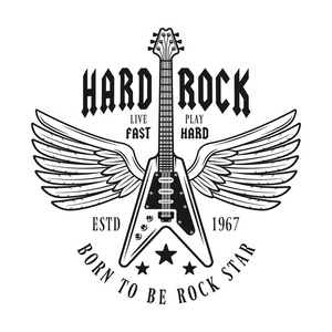 电动吉他带翅膀矢量音乐会徽翅膀头骨复古图案设计的 t 恤矢量骑在路