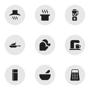 9 可编辑厨师图标集。包括符号碎纸机 厨房油烟机 烧烤炉等。可用于 Web 移动 Ui 和数据图表设计