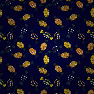 矢量无缝模式与糖果在黑色, 蓝色和黄色。可爱的纺织, 贺卡, 网页设计 美味的现实 seamles 背景 图形梦幻般的糖果