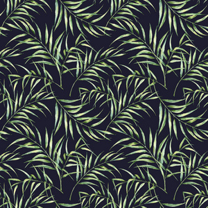 水彩图案与棕榈树的叶子。手绘充满异国情调的绿色植物分支上深蓝色背景中孤立。植物的插图。为设计 打印或背景