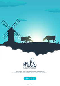 海报牛奶天然产品。与工厂和奶牛的农村景观。在村子里的黎明