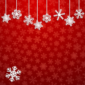 红色背景上白色挂雪花的圣诞插图