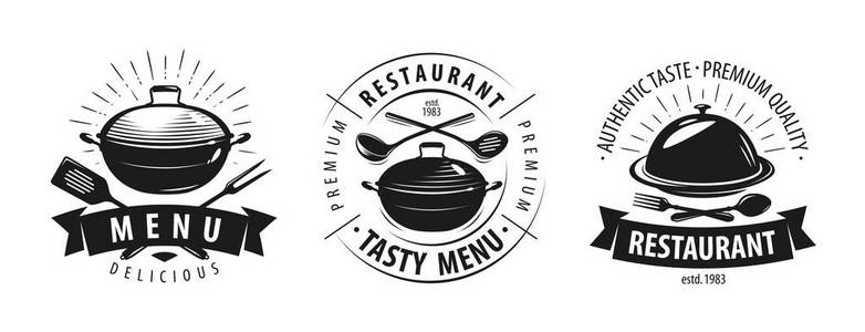 餐厅咖啡厅标志或标签。菜单设计标志。在白色背景上隔离的矢量插图
