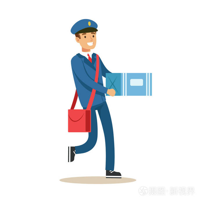 邮递员在蓝色制服传递邮件,提着一个纸箱 bax 包裹,履行带着微笑的
