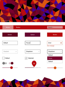 深蓝色, 红色矢量 web ui 套件的多边形风格。具有三角形的多边形风格的现代风格指南。登陆页面的现代模板