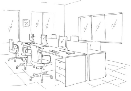 开放空间办公室。工作场所的户外活动。桌子 椅子和 windows。在素描风格的矢量图