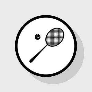 网球球拍标志。矢量。在与阴影在灰色背景的白色圆圈的平黑色图标