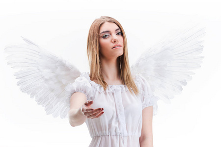 在白色翅膀的天使形象年轻, 精彩的金发女郎照片