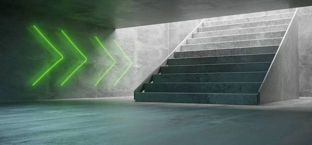 未来的科幻大混凝土地下隧道发光霓虹灯标志和混凝土楼梯空空间3d 渲染插图