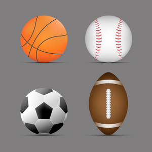 篮球 足球  足球 橄榄球  美式足球球 棒球球与灰色 background.set 的运动球。矢量。插图