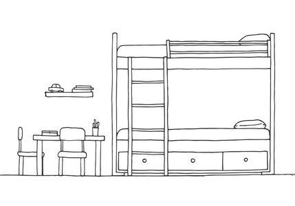 孩子们的房间。儿童家具。床 桌子和两把椅子。手素描样式绘制的矢量的图
