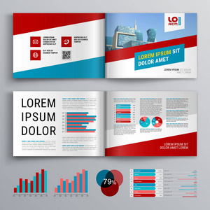 商业小册子模板设计与红色和蓝色对角线形状。封面布局和图表