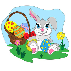 卡通复活节兔子与鸡蛋篮子