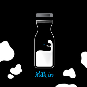 符号在玻璃瓶的牛奶。黑色和白色色调